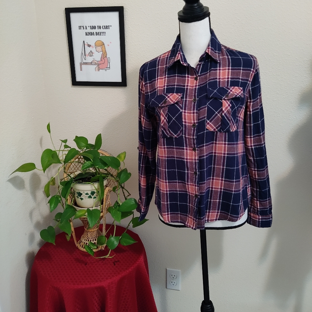 Charlotte Russe Womens Small Pink Navy Plaid Button Down Shirt Cotton